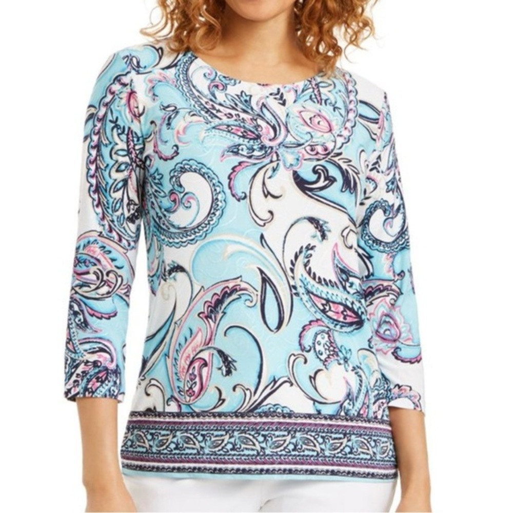 JM COLLECTION Blue Paisley Three Quarter Sleeve Women's Blouse